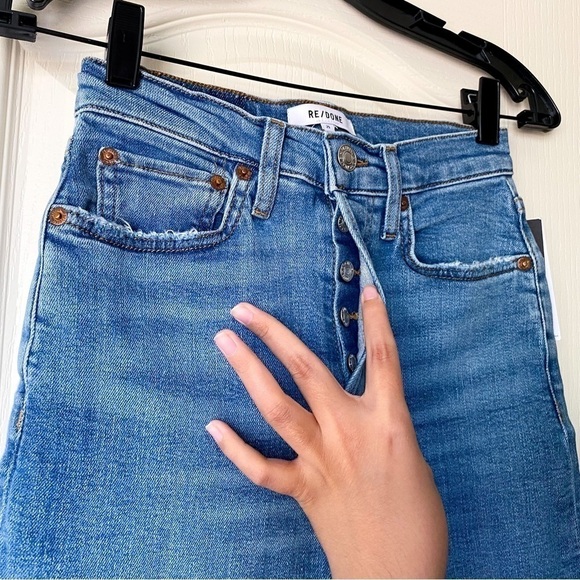 RE/DONE Jeans 70s Stove Pipe High-Rise Distressed Crop Destroyed Dawn 25 NWT - Picture 5 of 8